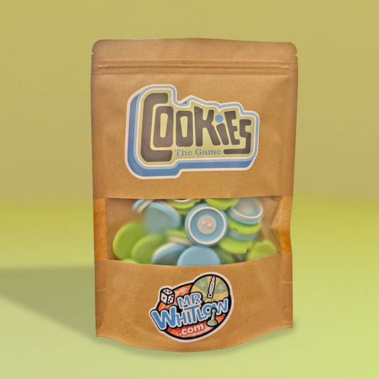 Brown bag with 'Cookies The Game' and 'MrWhitlow' branding on a yellow background