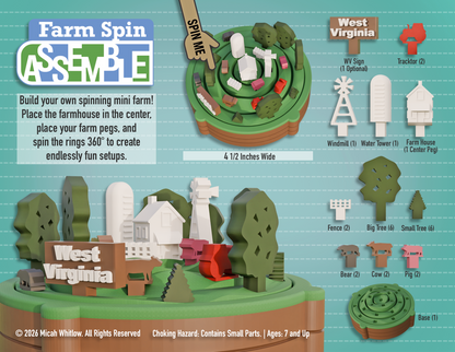 Farm Spin Assembly toy set with various farm-themed pieces on a blue background