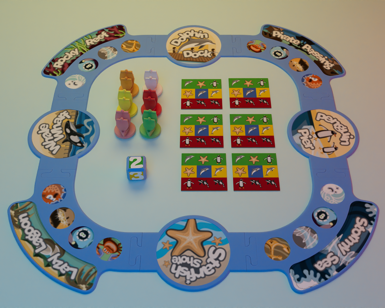Board game with colorful tiles and character tokens on a light blue background