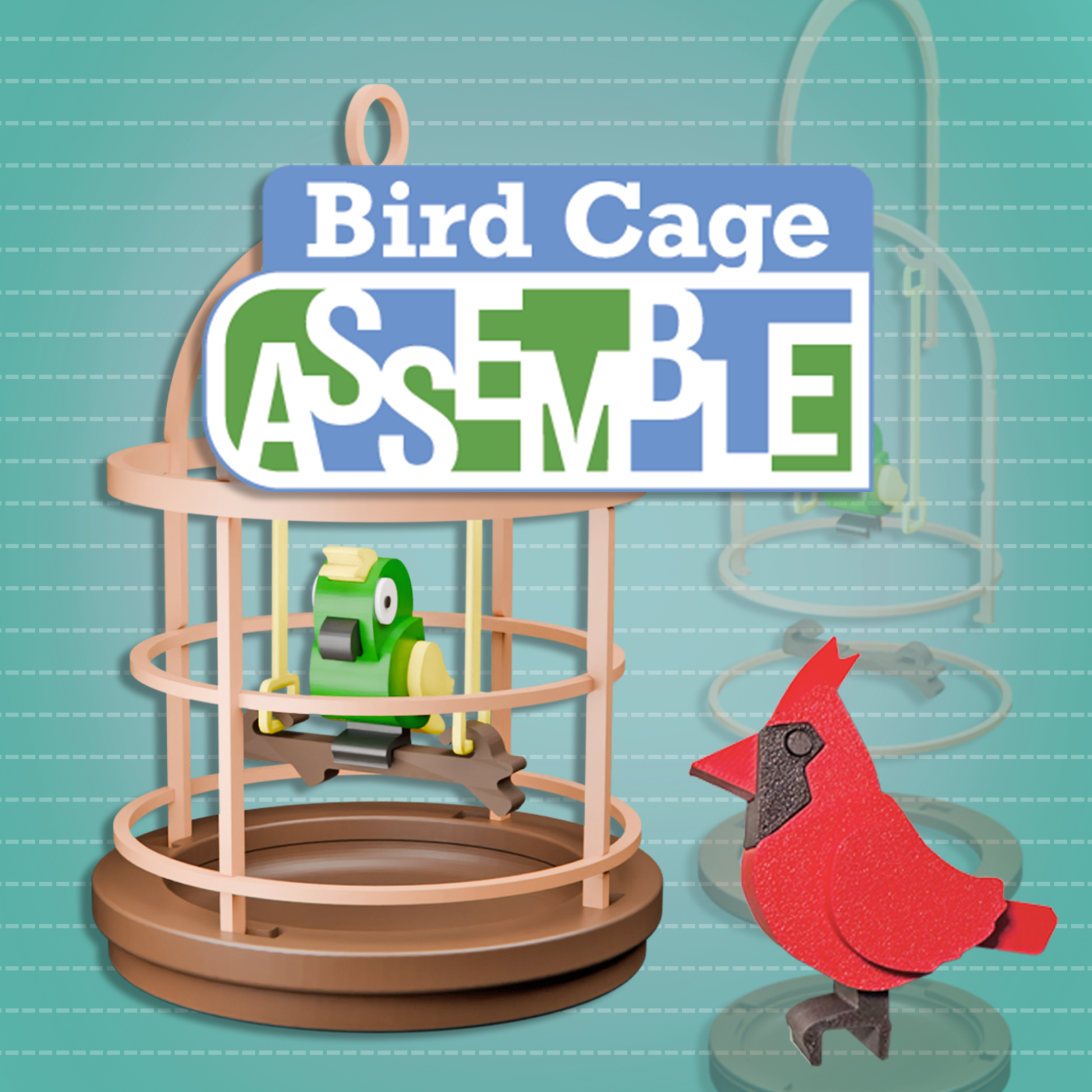 Bird cage toy set with a green bird figure and a red cardinal figure on a blue background.