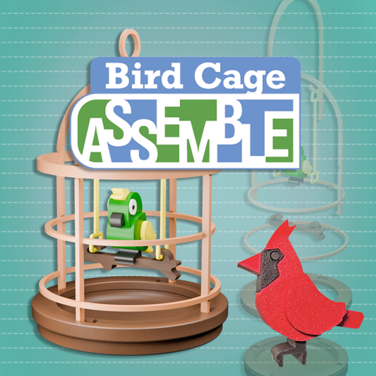 Bird cage toy set with a green bird figure and a red cardinal figure on a blue background.