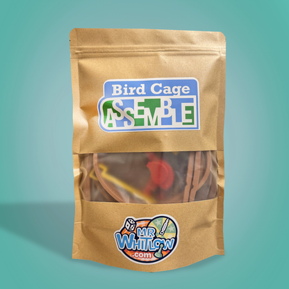 Kraft paper packaging with 'Bird Cage Assemble' and Mr Whitlow branding on a teal background