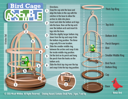 Bird cage assembly diagram with labeled parts on a blue background