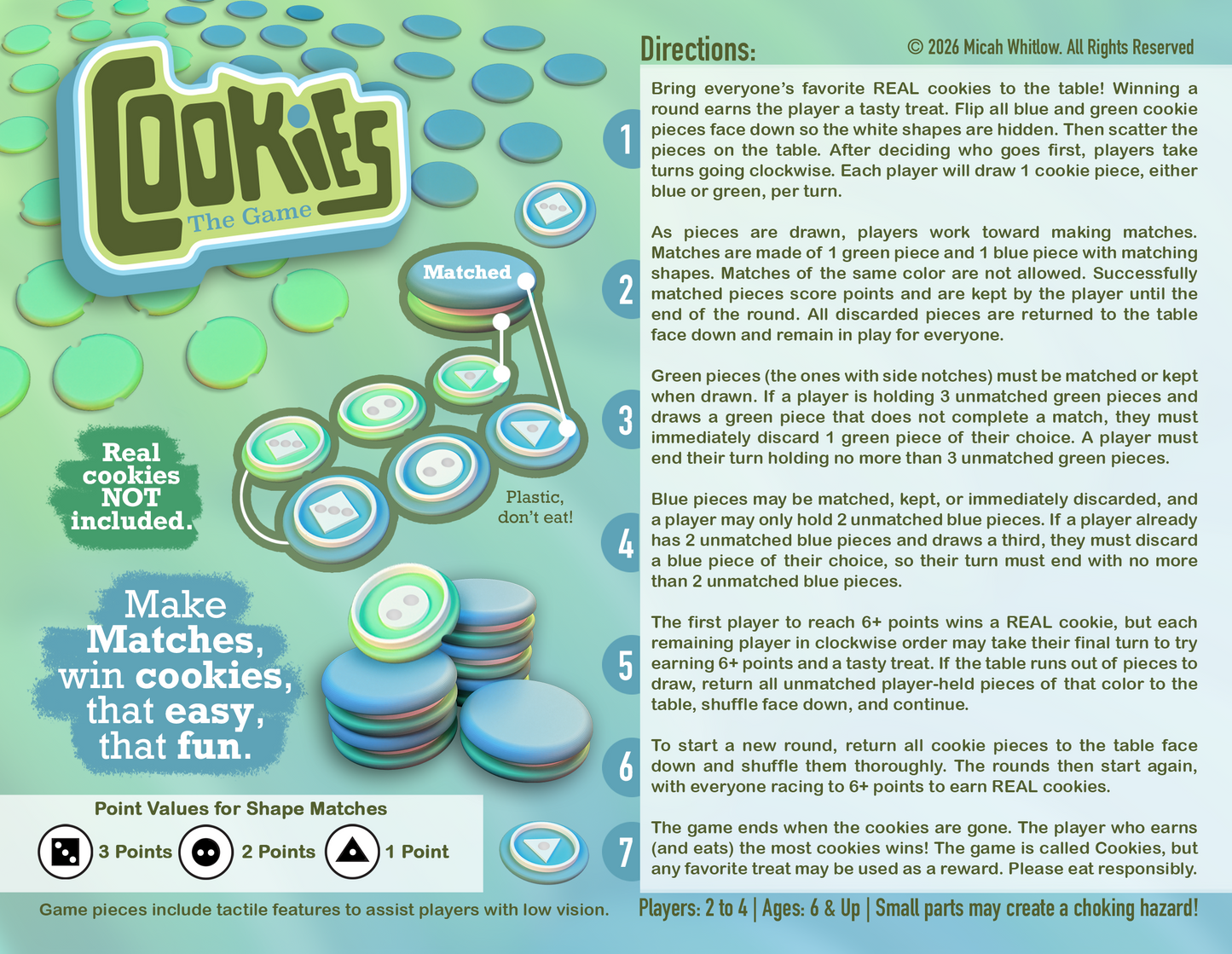 Game board for 'Cookies: The Game' with instructions and graphics.