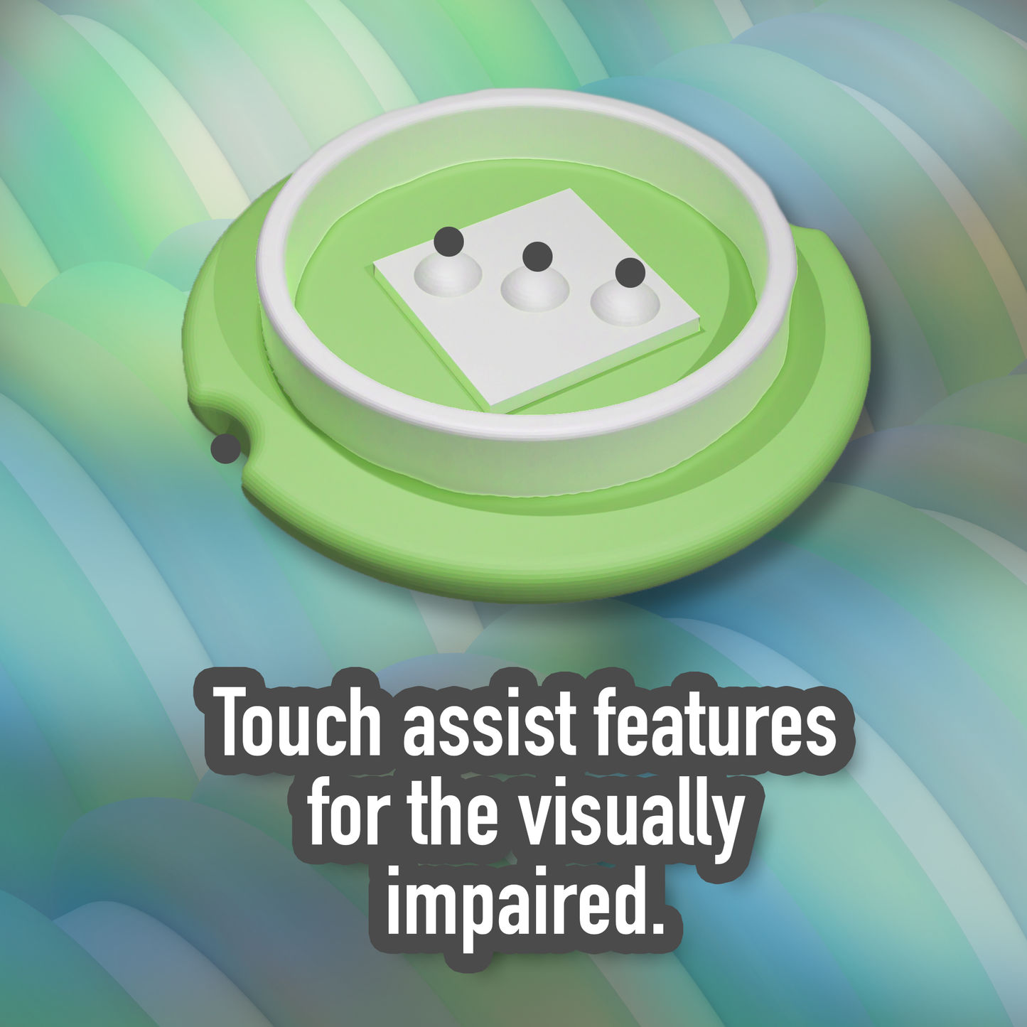 Green and white device with touch assist features on a colorful background