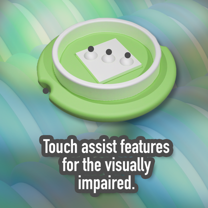 Green and white device with touch assist features on a colorful background