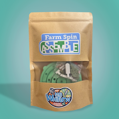 Kraft paper package with 'Farm Spin' and 'Mr Whitlow' stickers on a teal background