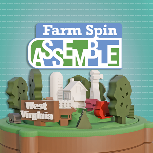 Model of West Virginia with 'Farm Spin' branding on a blue background