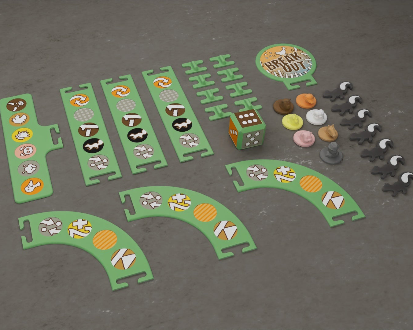 Board game components including green track pieces and small dice on a gray surface