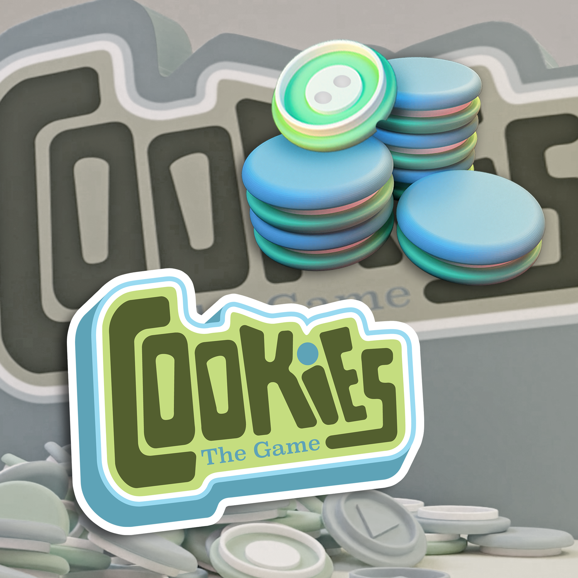 Colorful cookie-shaped game pieces with 'Cookies: The Game' logo on a gray background