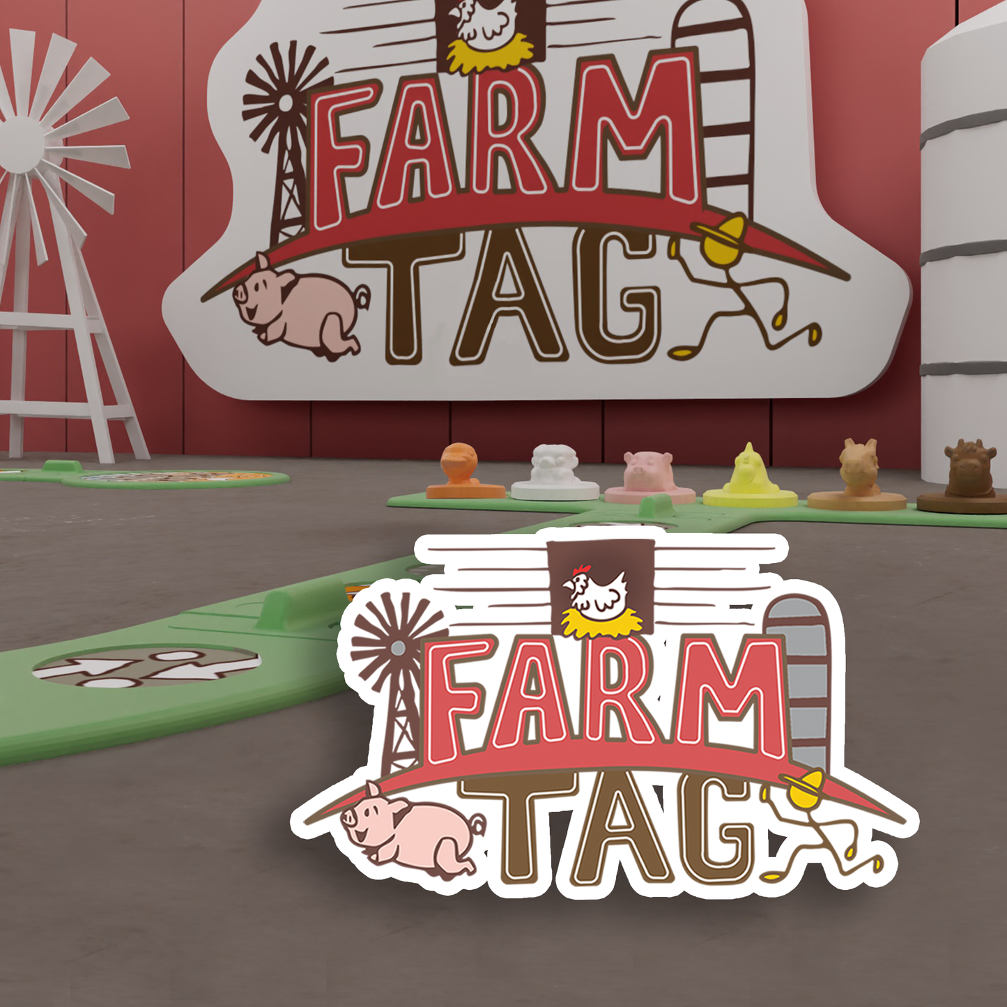 Farm-themed game or set with 'Farm Tag' branding and farm animal figures.