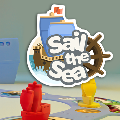 Board game piece with 'Sail the Sea' logo and ship design on a light gray background