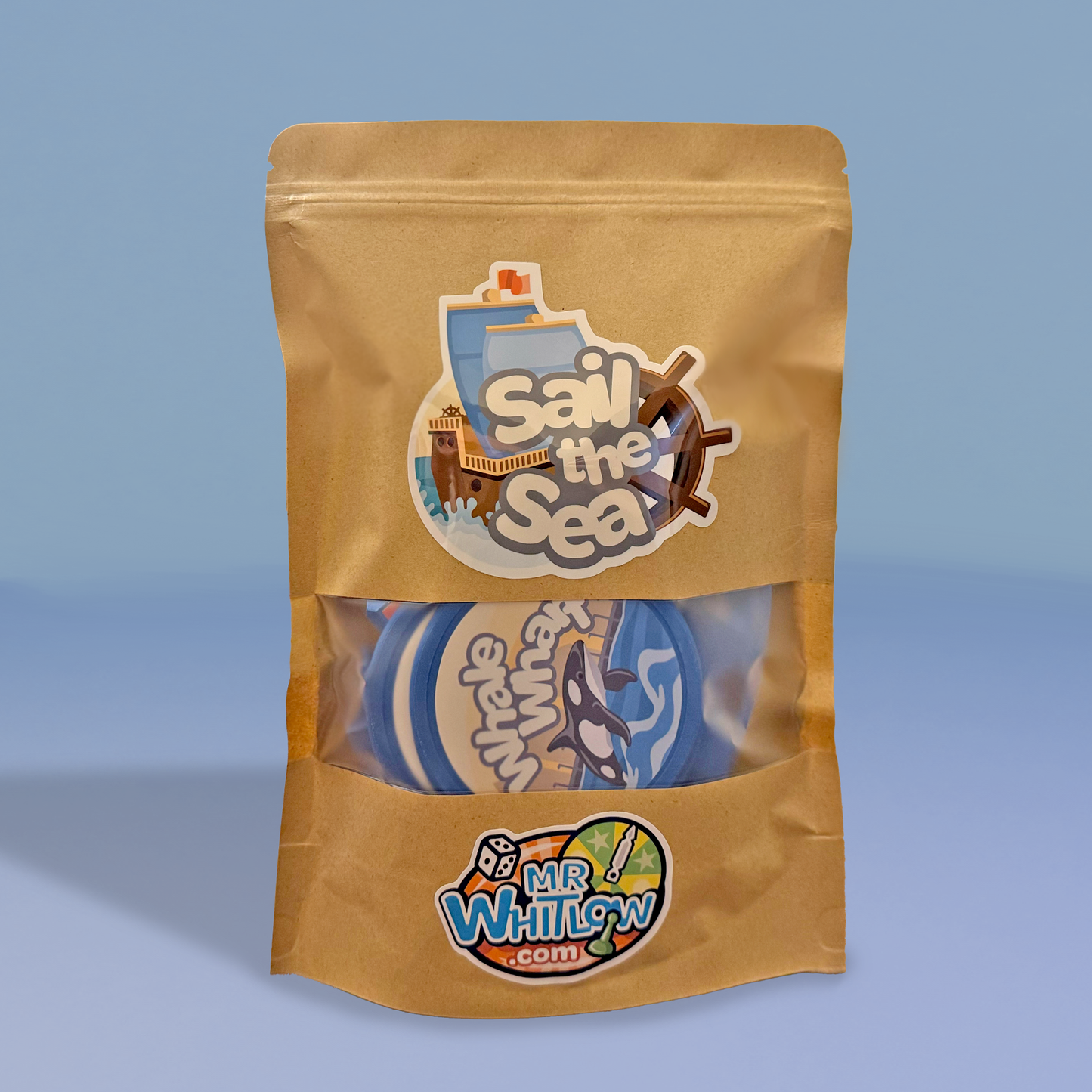 Kraft paper package with 'Sail the Sea' and 'MrWhitlow' branding on a blue background