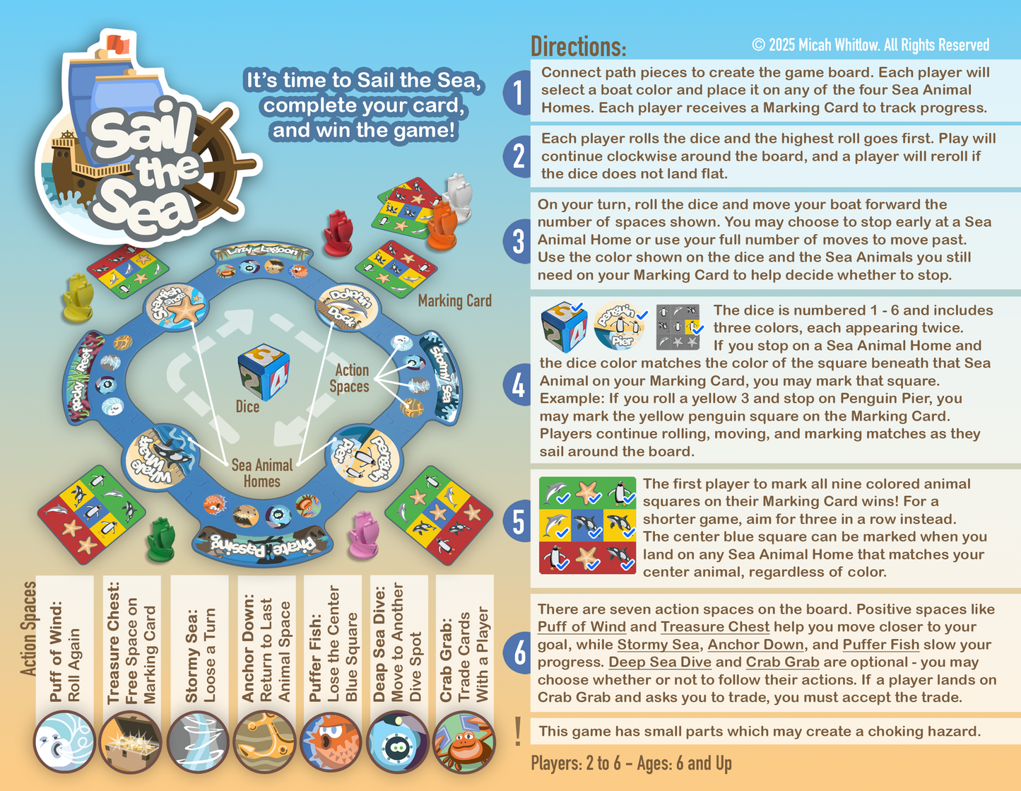 Board game instructions for 'Sail the Sea' with game pieces and directions.