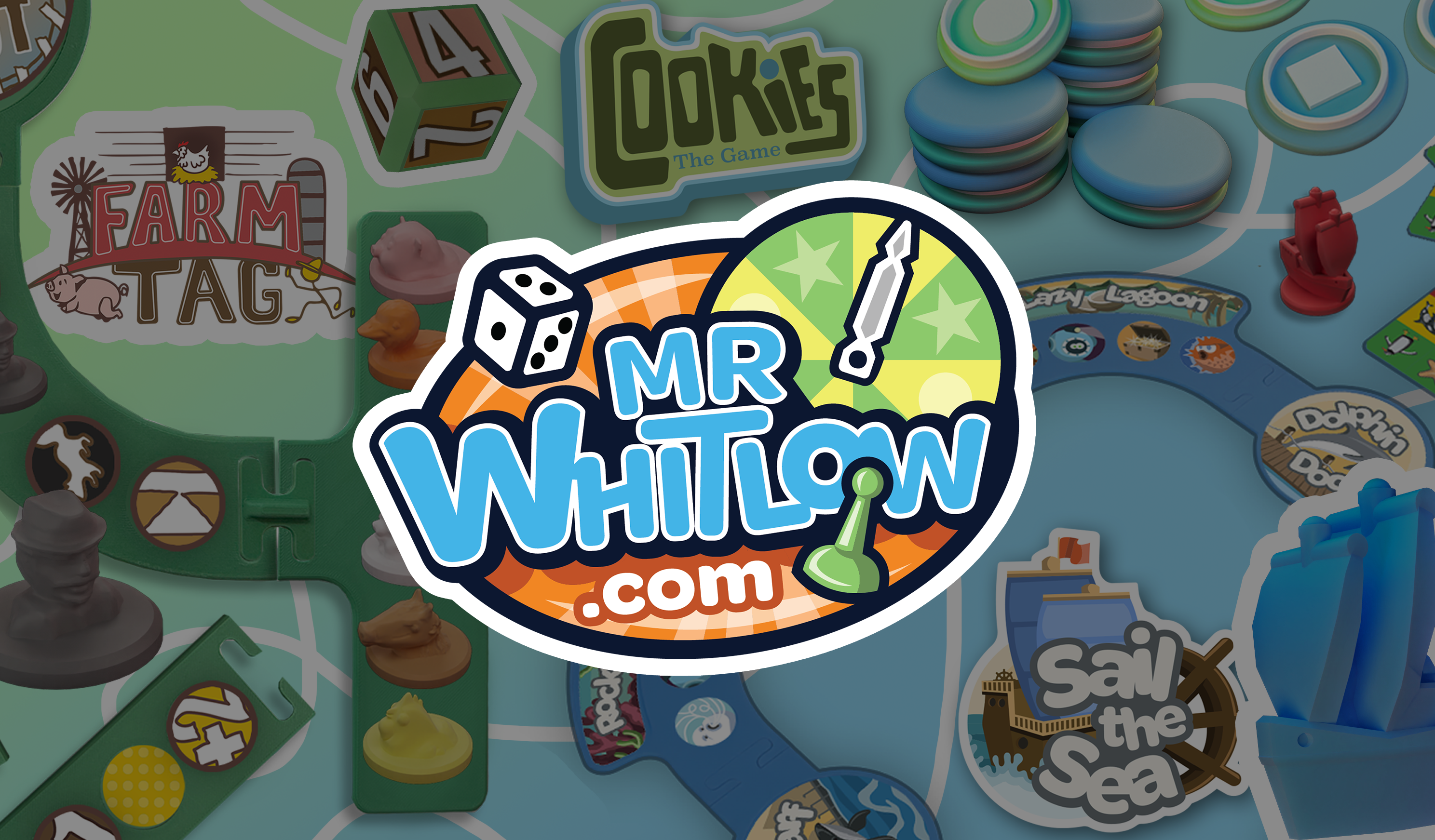 Board game with various game pieces and logos, featuring 'Mr Whilton.com' logo.